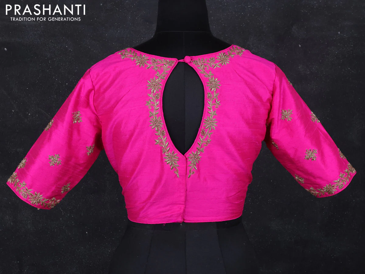 Raw silk readymade blouse pink with zardosi work and back hook - Image 2