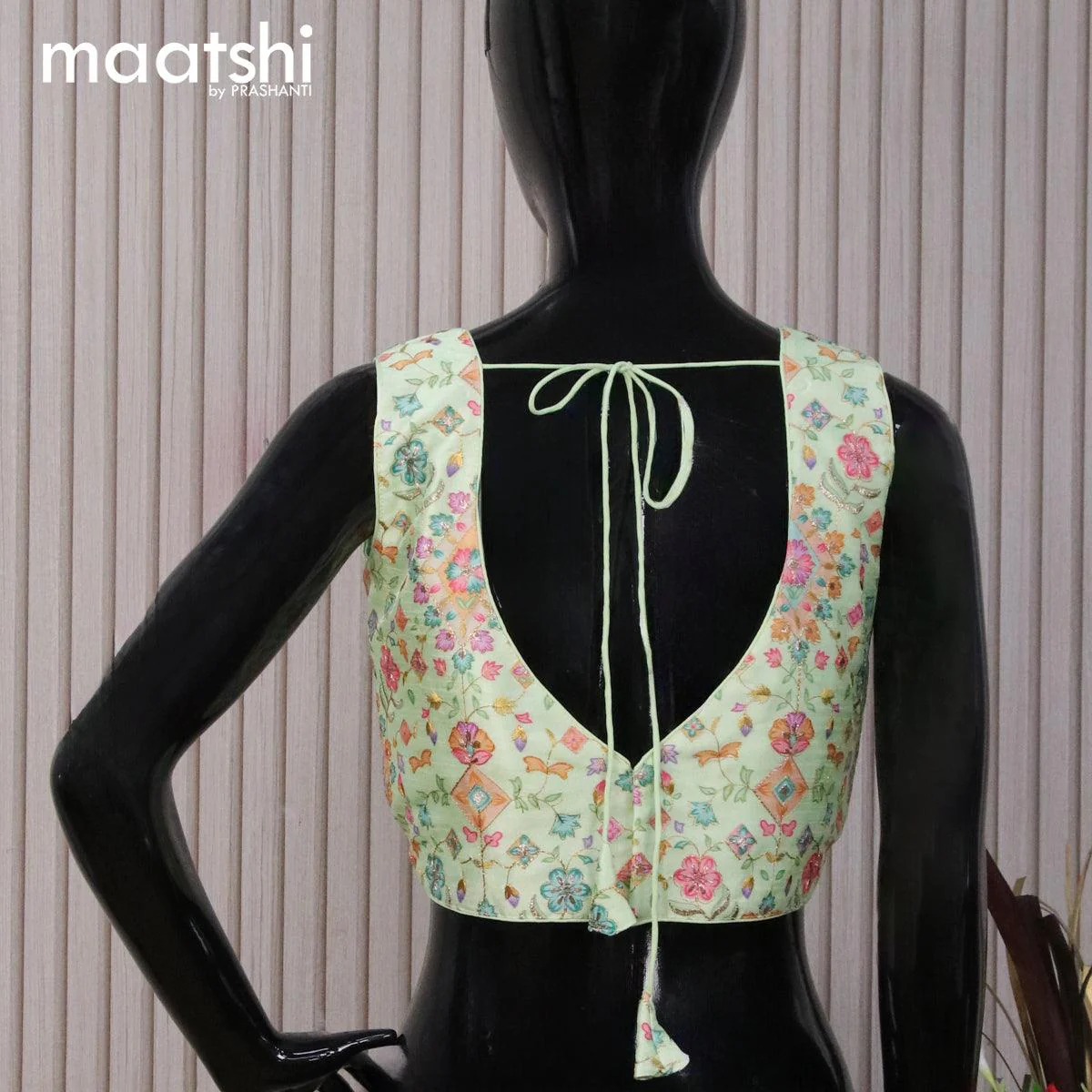 Raw silk readymade blouse pista green with embroidery work & V shape neck pattern and back open & sleeve attached - Image 2