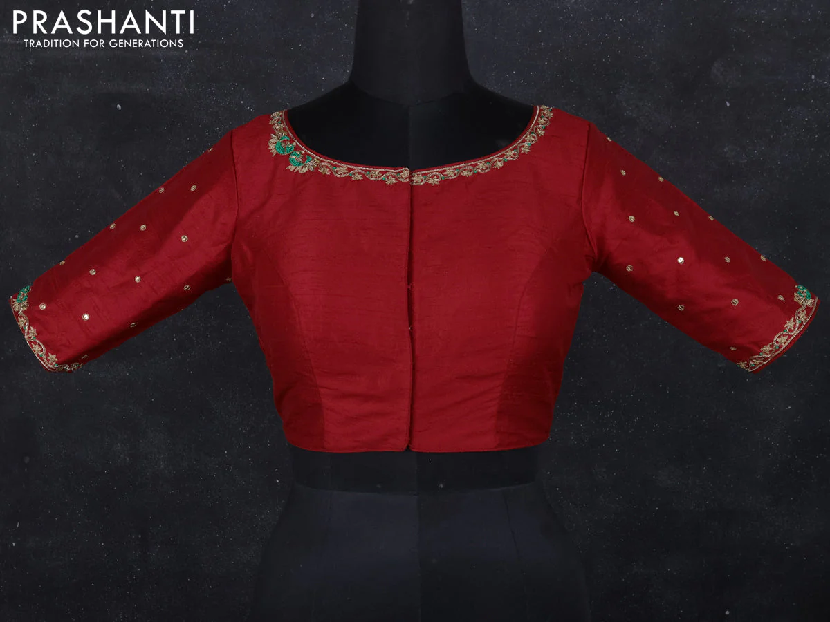 Raw silk readymade blouse red with aari work and back knot - Image 2