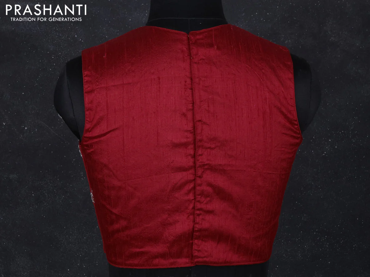 Raw silk readymade blouse red with aari work without sleeve - Image 2