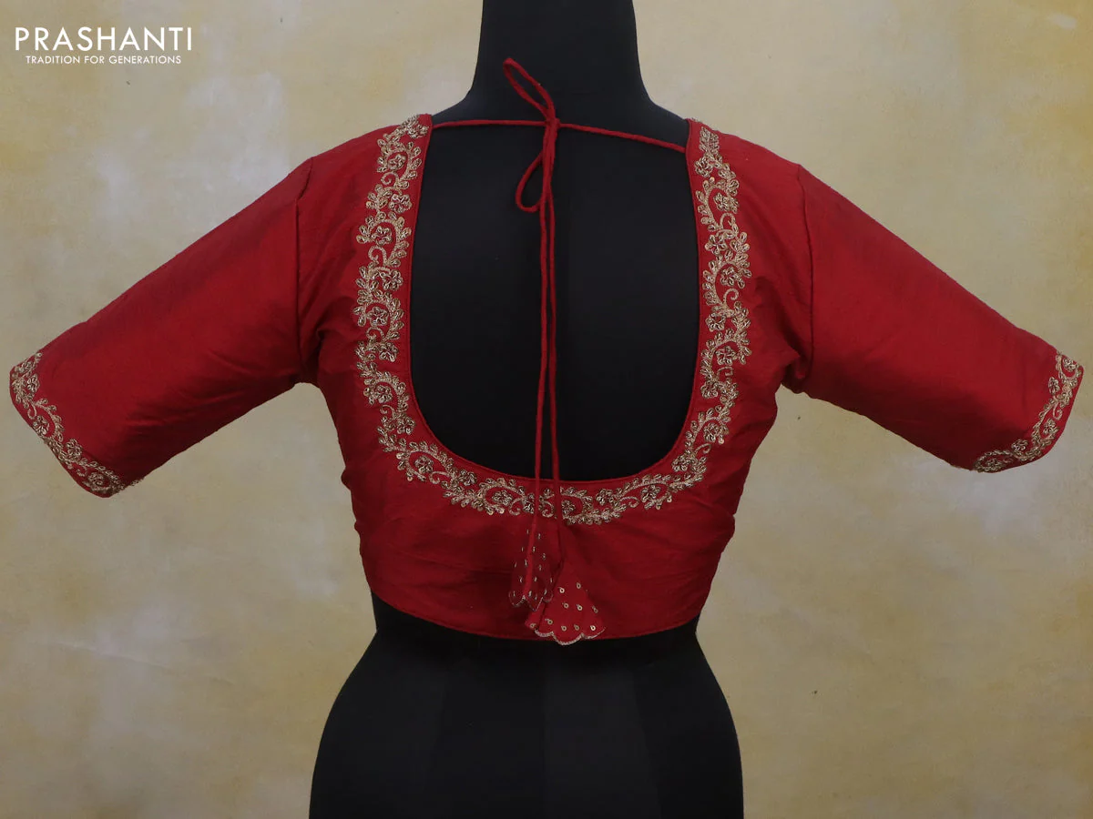 Raw silk readymade blouse red with zardosi work and back knot - Image 2