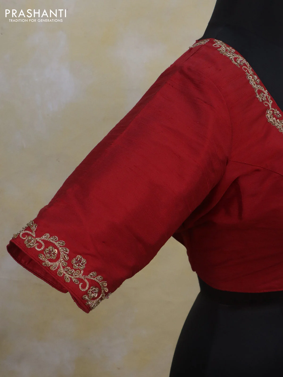 Raw silk readymade blouse red with zardosi work and back knot - Image 3