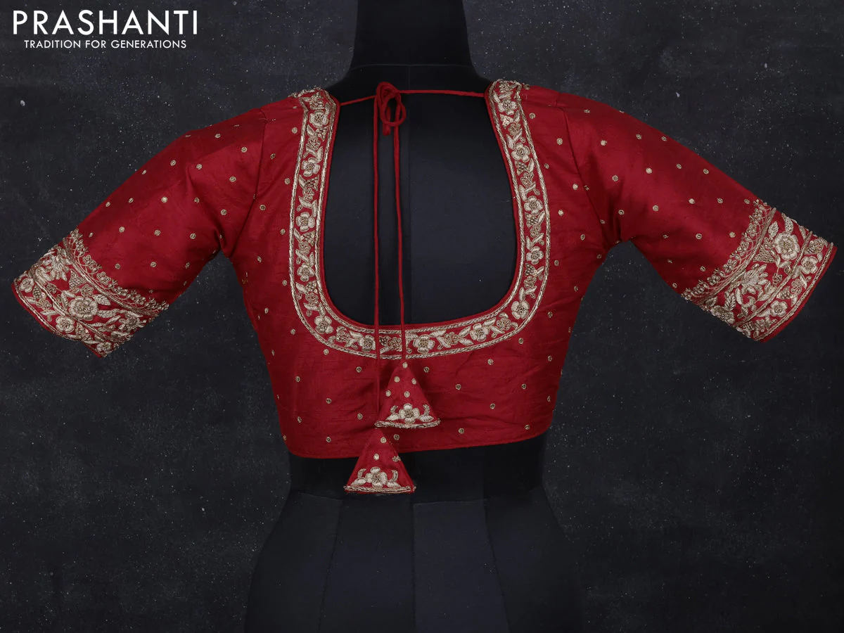 Raw silk readymade blouse red with zardosi work - Image 2