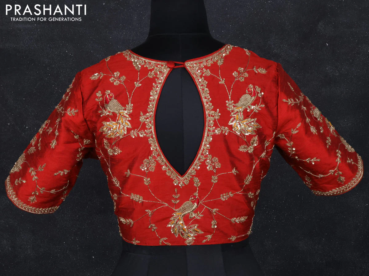 Raw silk readymade blouse red with zardosi work - Image 2