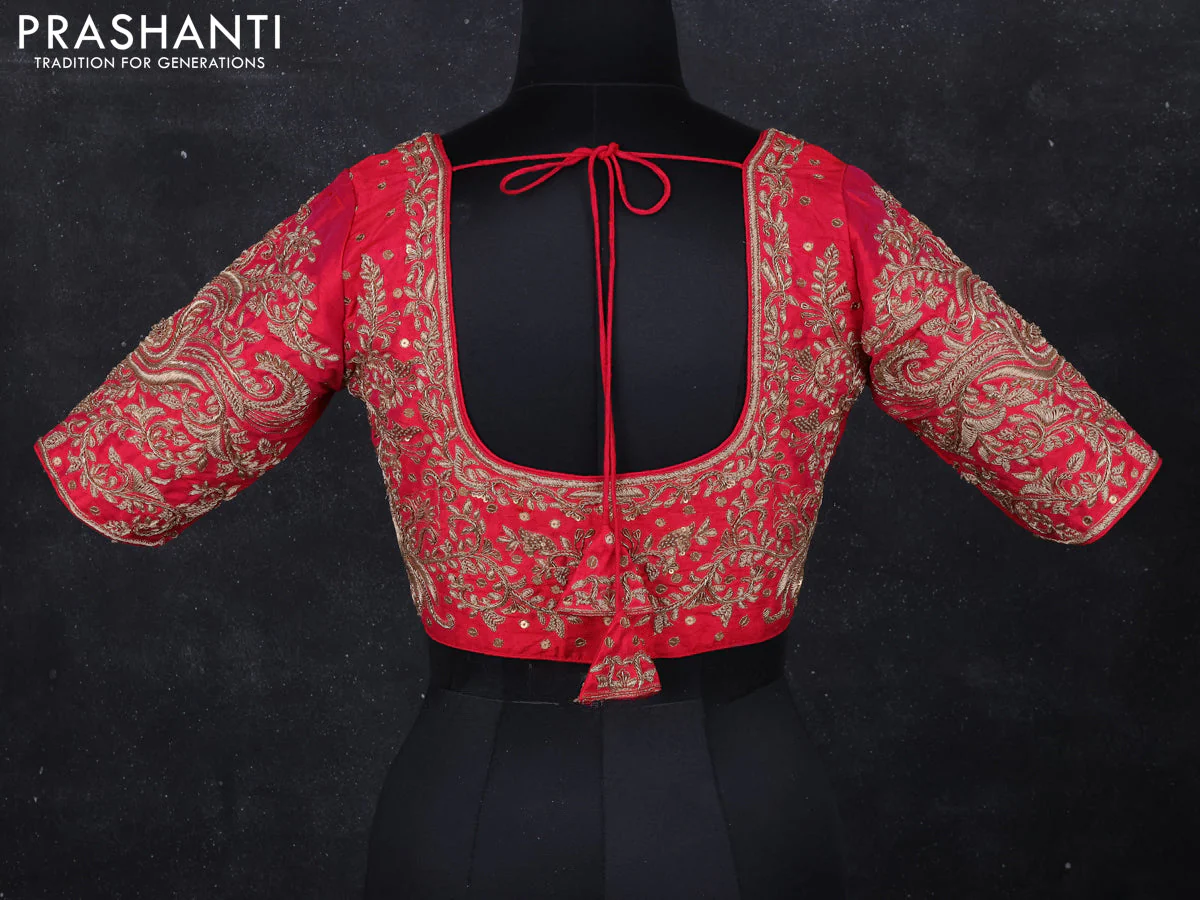 Raw silk readymade blouse reddish pink with zardosi work and back knot - Image 2