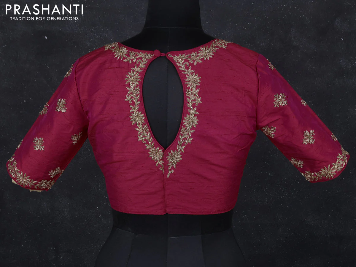 Raw silk readymade blouse reddish pink with zardosi work - Image 2