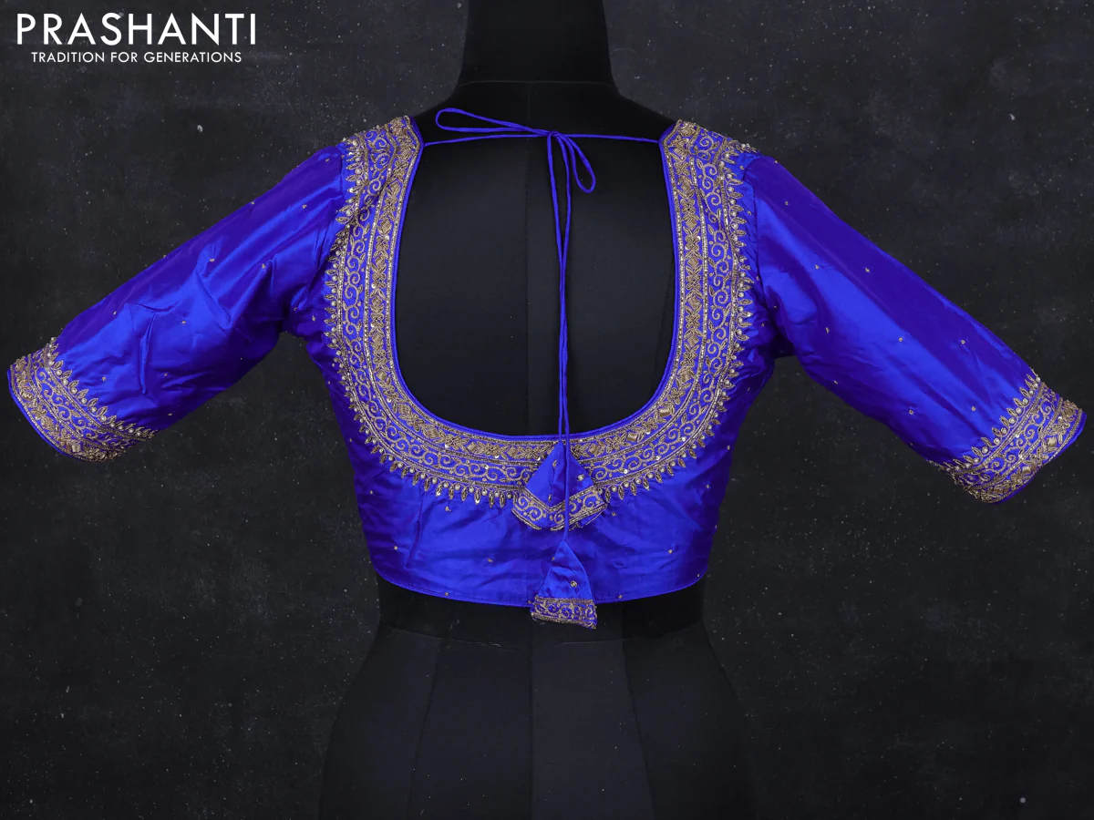 Raw silk readymade blouse royal blue with aari work with back knot - Image 2