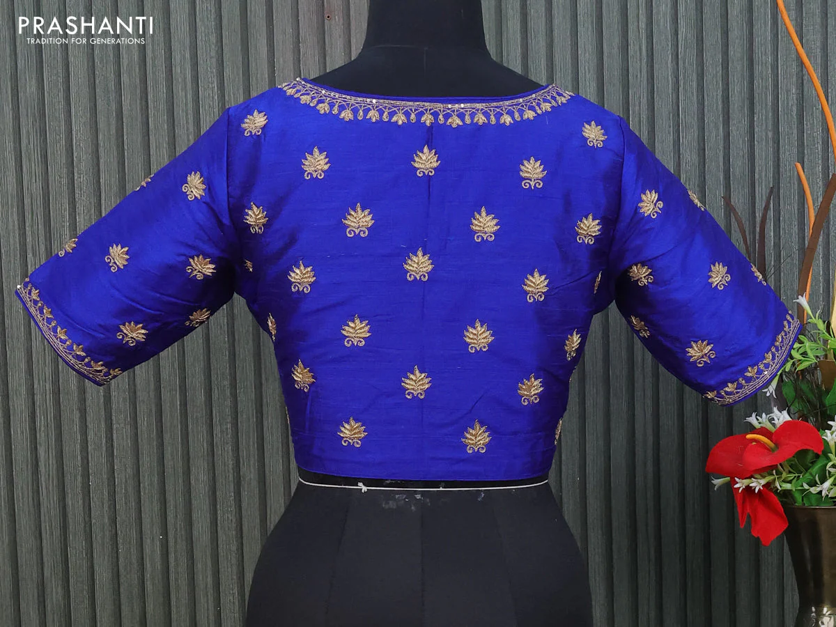 Raw silk readymade blouse royal blue with allover zardosi work - Image 2