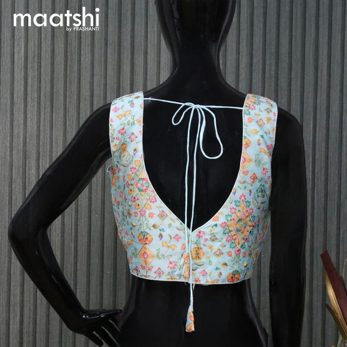 Raw silk readymade blouse teal blue shade with embroidery work & V shape neck pattern and back open & sleeve attached - Image 2
