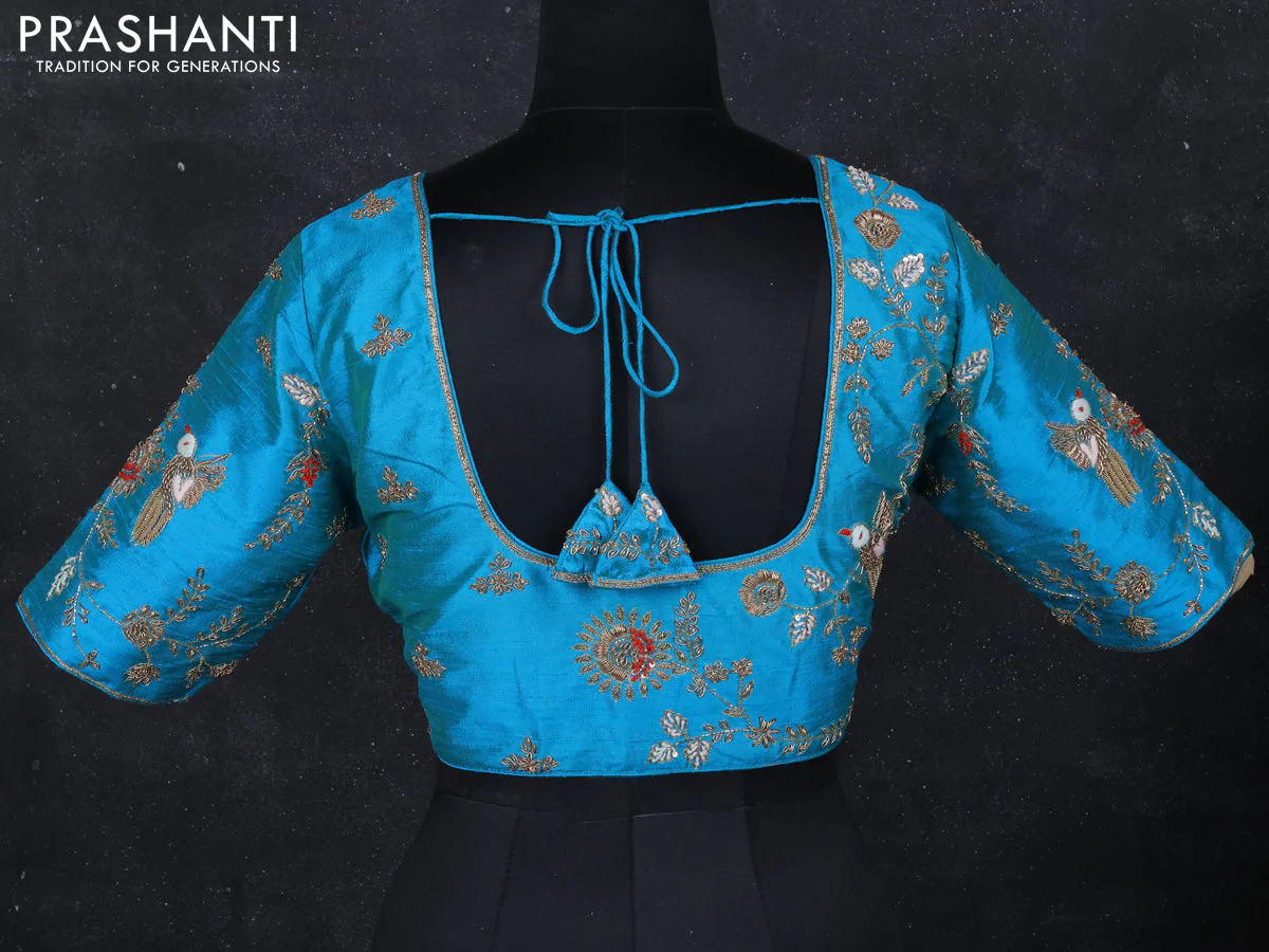 Raw silk readymade blouse teal blue with zardosi work - Image 2