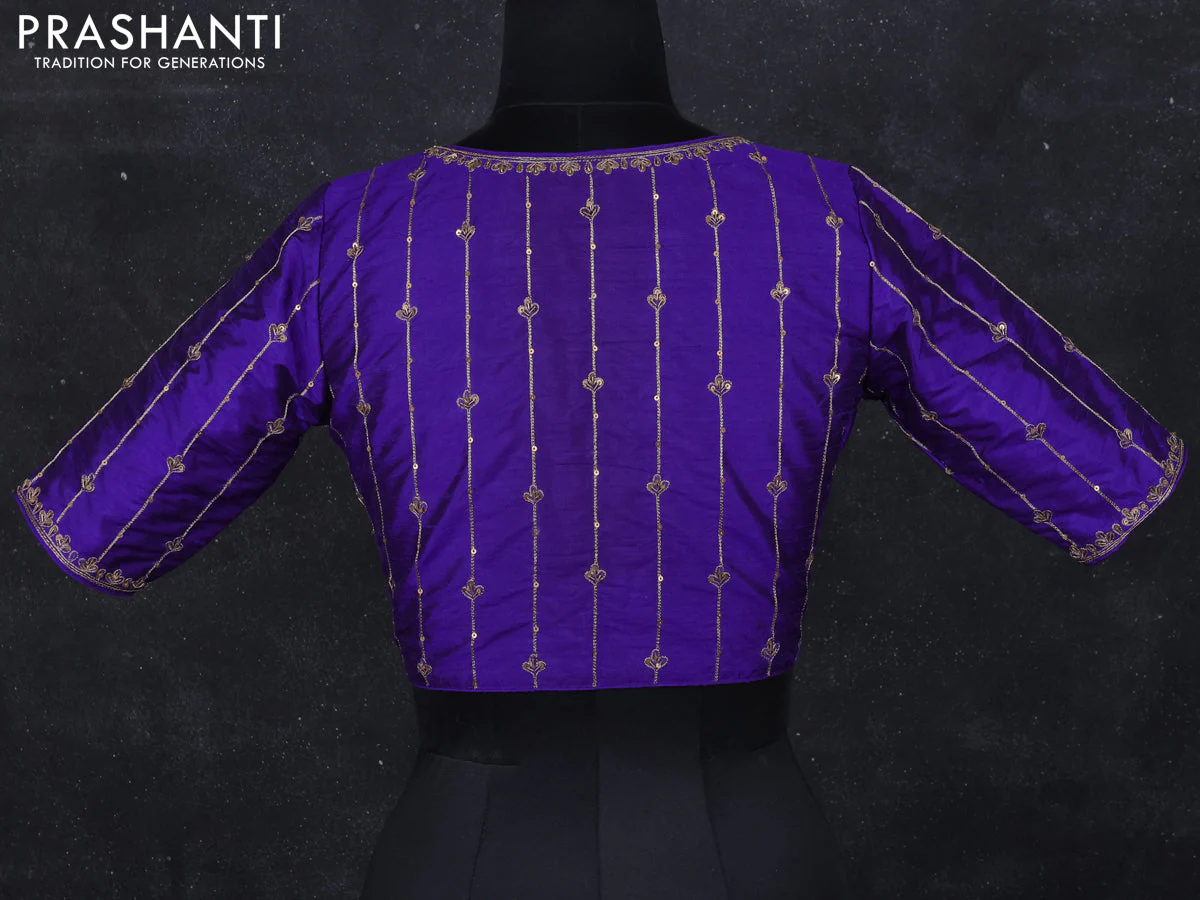 Raw silk readymade blouse violet with aari work - Image 2