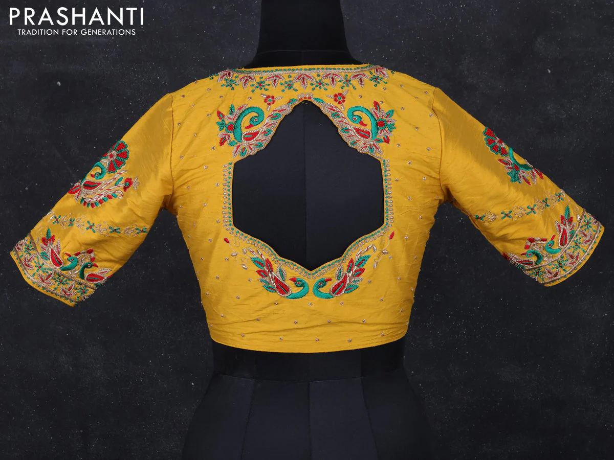 Raw silk readymade blouse yellow with aari work - Image 2