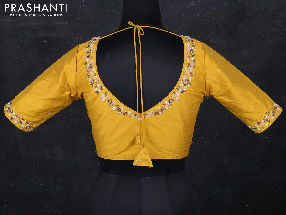 Raw silk readymade blouse yellow with beaded work and back knot - Image 2
