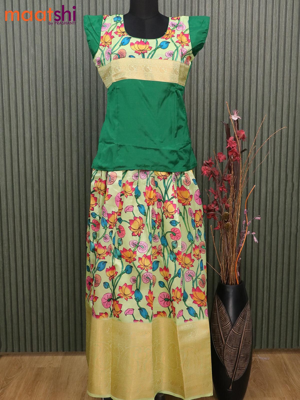 Raw silk readymade kids lehenga green and pista green with patch work neck pattern and kalamkari prints & long zari woven border for 16 years