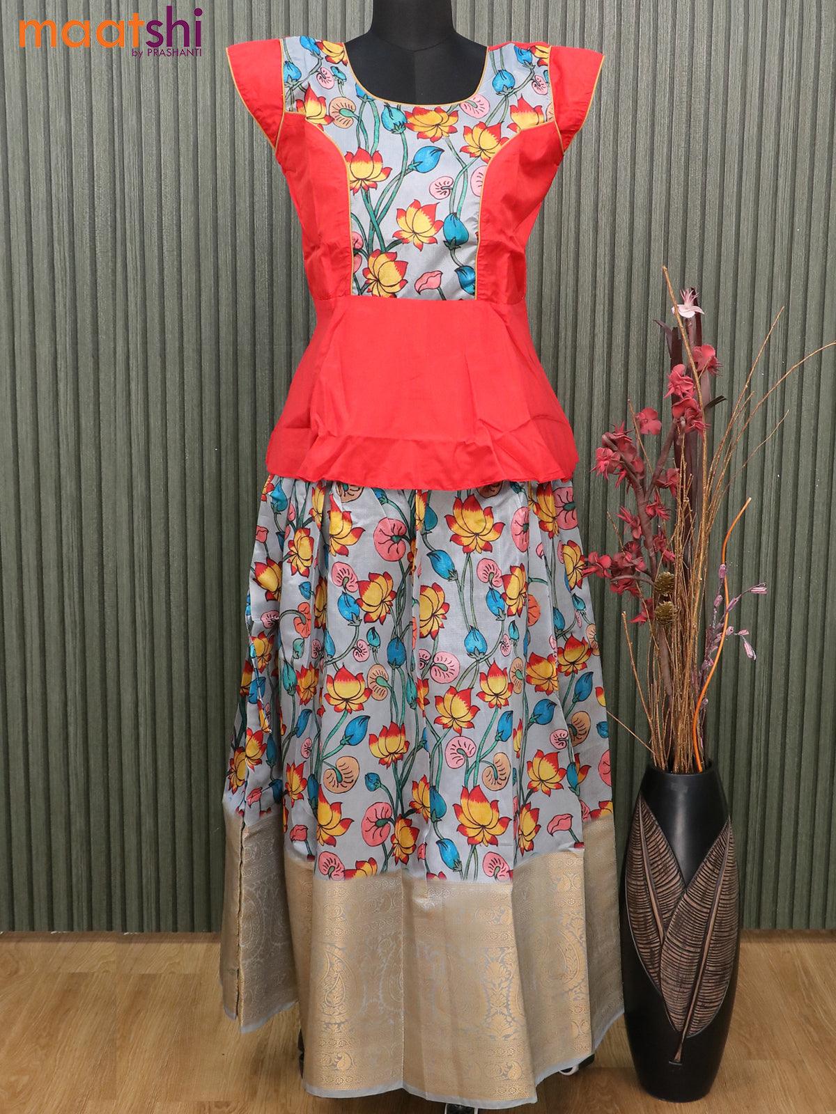 Raw silk readymade kids lehenga red and grey with patch work neck pattern and kalamkari prints & long zari woven border for 15 years