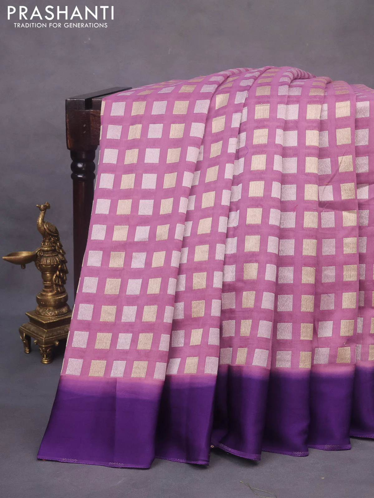 Raw silk saree mauve pink and violet with allover silver & gold zari woven buttas and simple border - Image 2