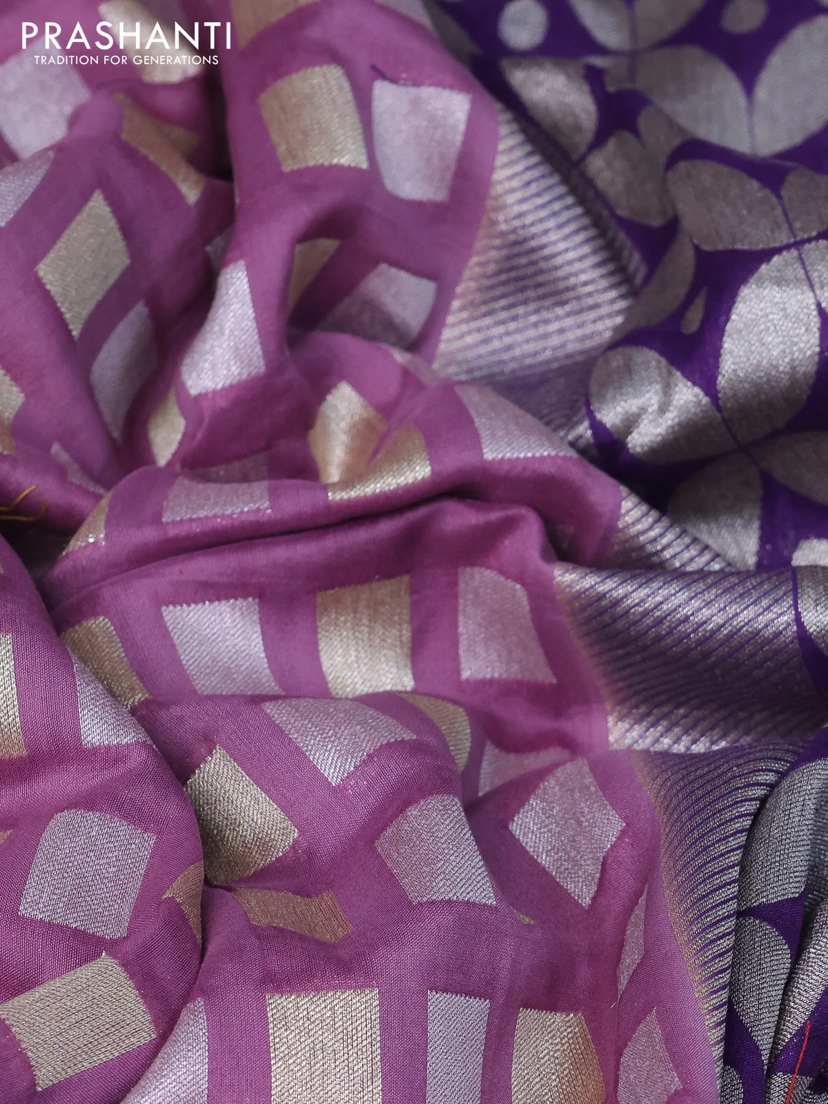 Raw silk saree mauve pink and violet with allover silver & gold zari woven buttas and simple border - Image 3