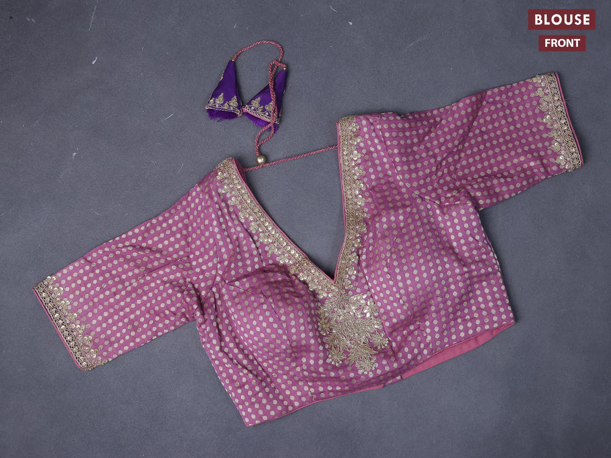 Raw silk saree mauve pink and violet with allover silver & gold zari woven buttas and simple border - Image 4