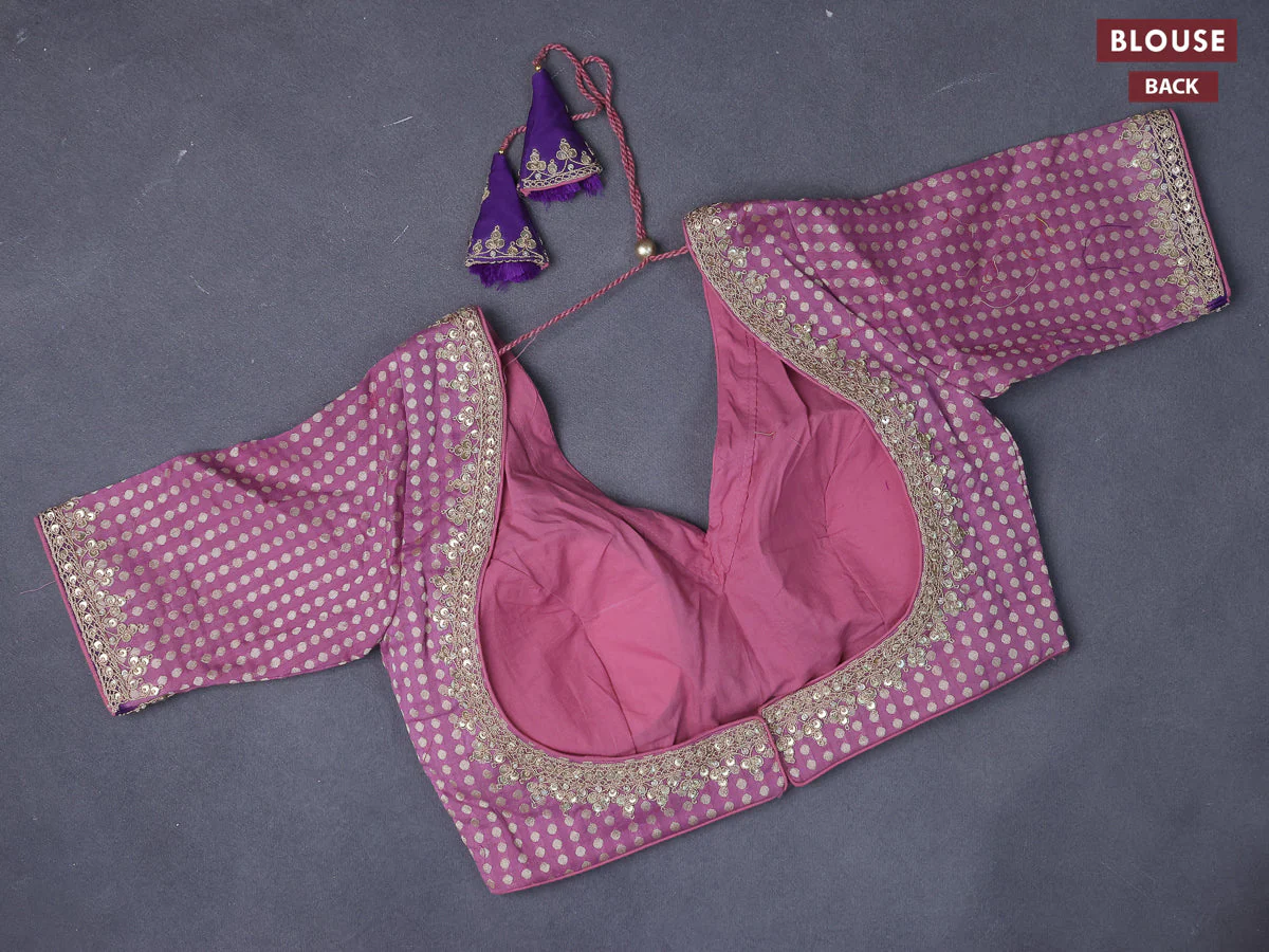 Raw silk saree mauve pink and violet with allover silver & gold zari woven buttas and simple border - Image 5