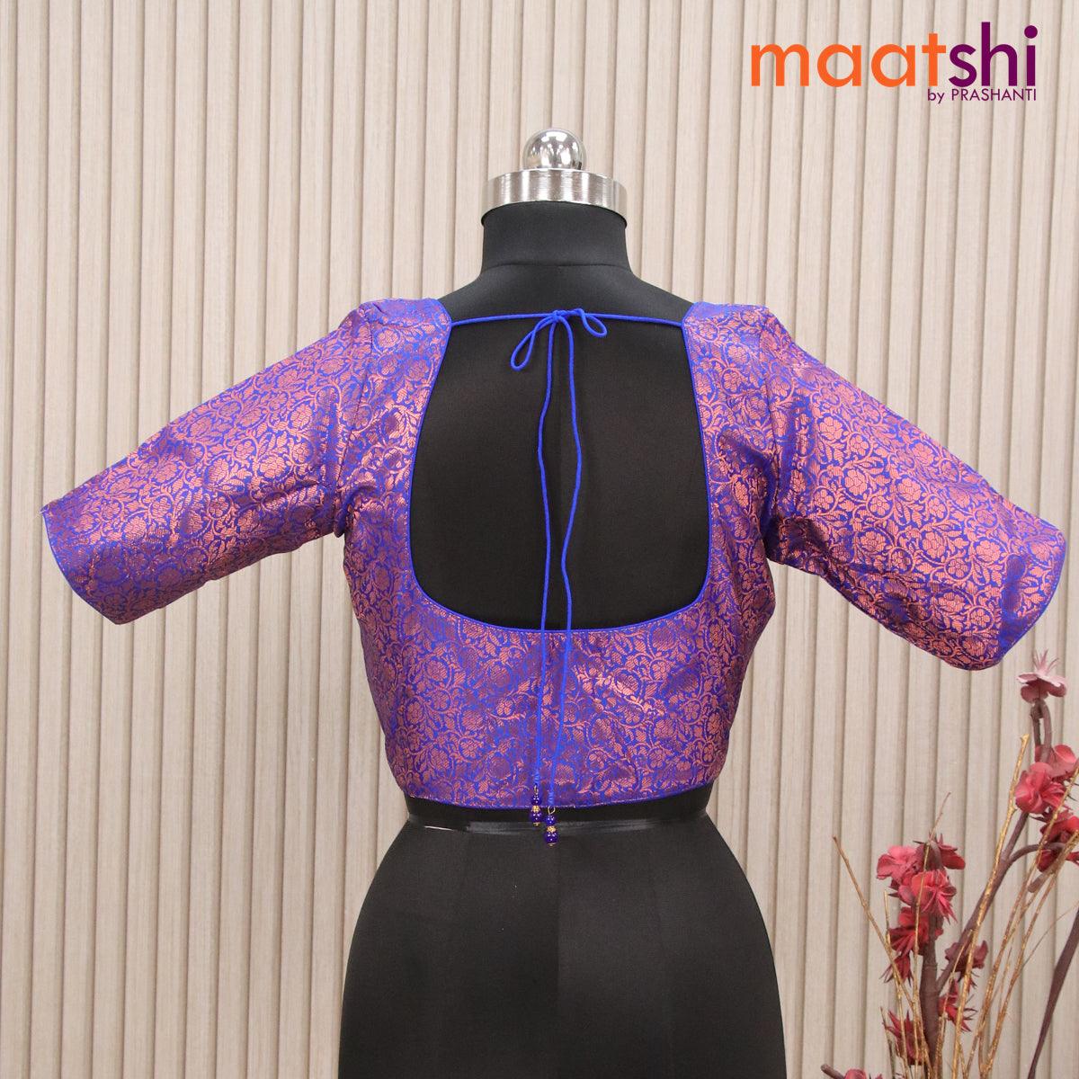 Readymade brocade blouse blue with allover copper zari weaves and back knot - Image 2