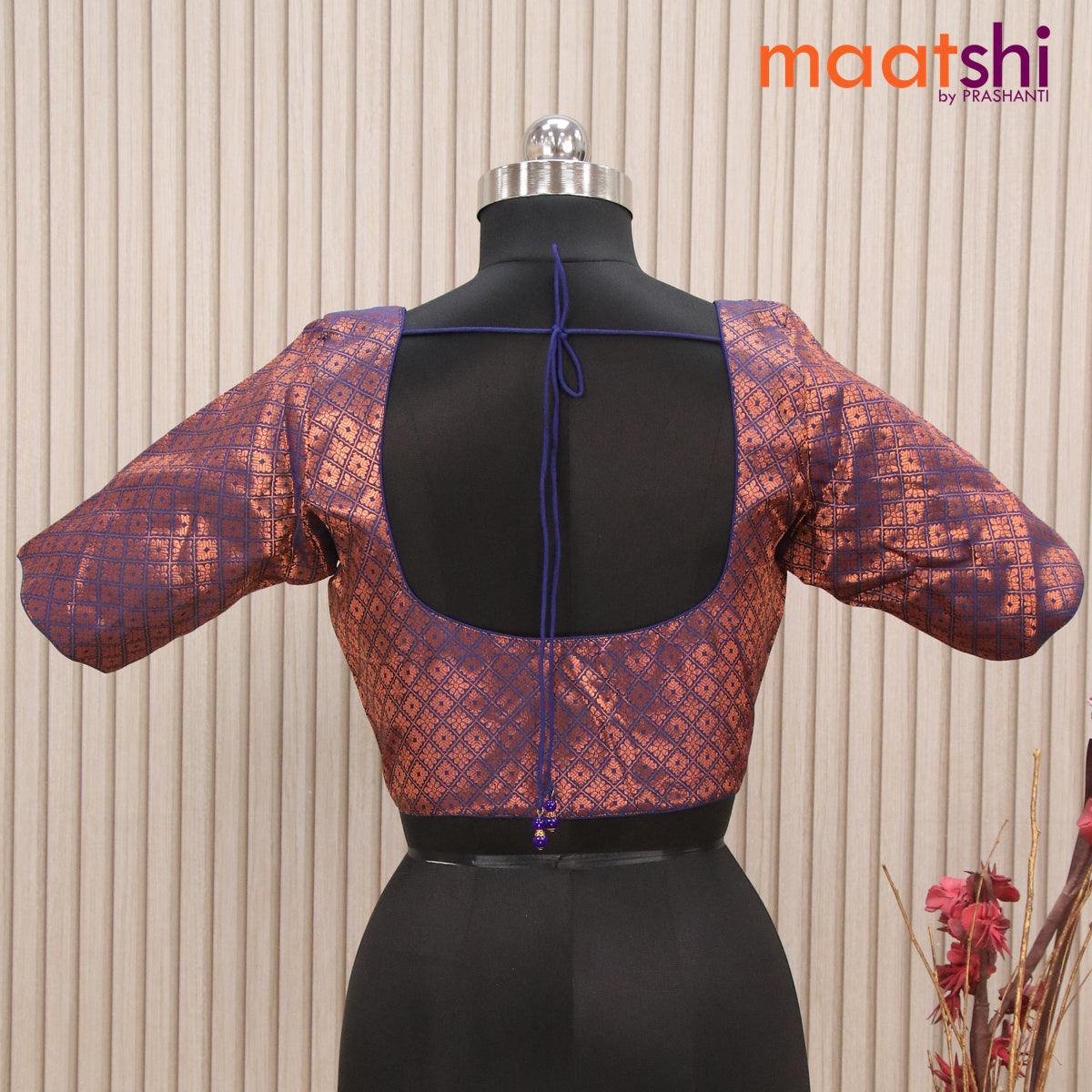 Readymade brocade blouse dark blue with allover copper zari weaves and back knot - Image 2