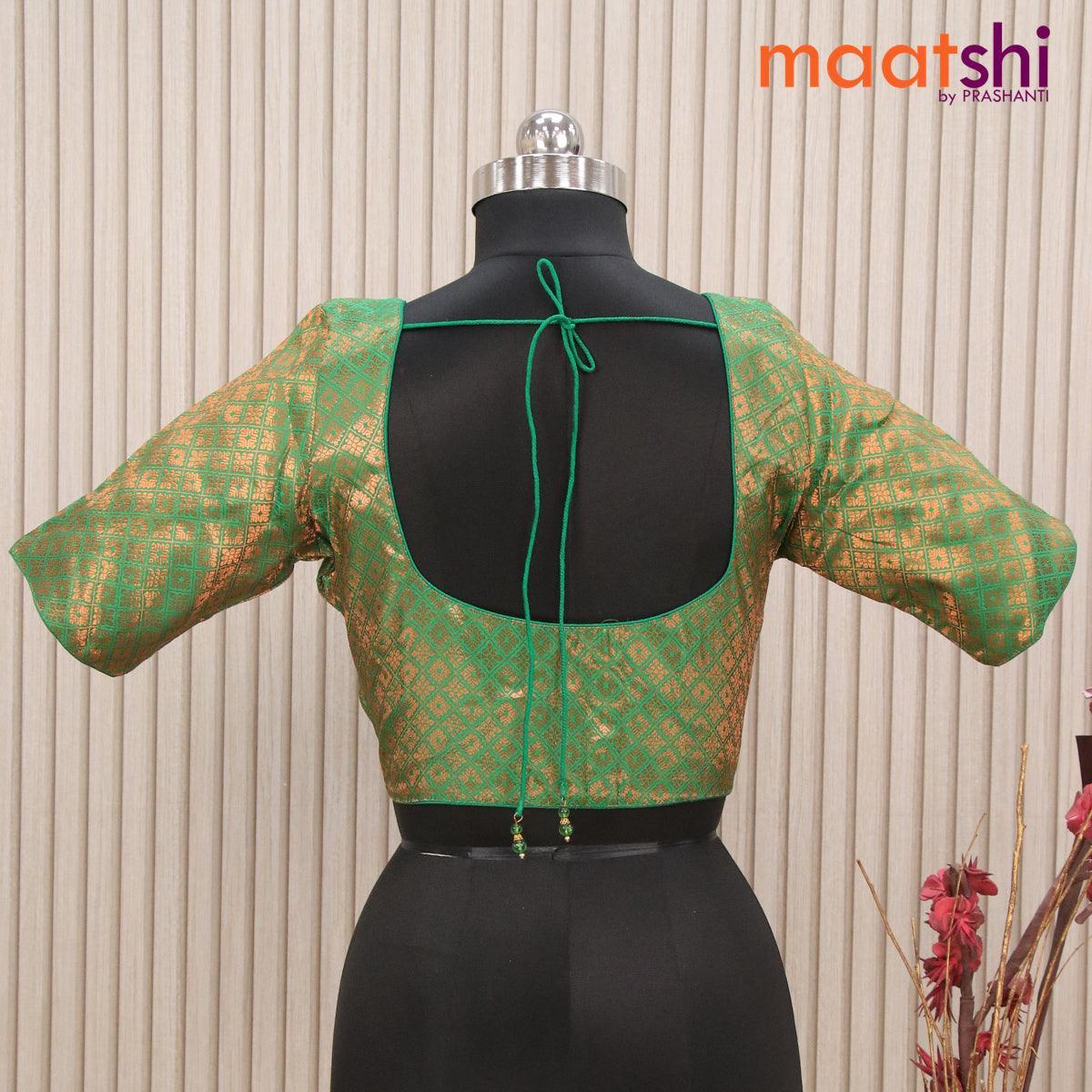 Readymade brocade blouse green with allover copper zari weaves and back knot - Image 2