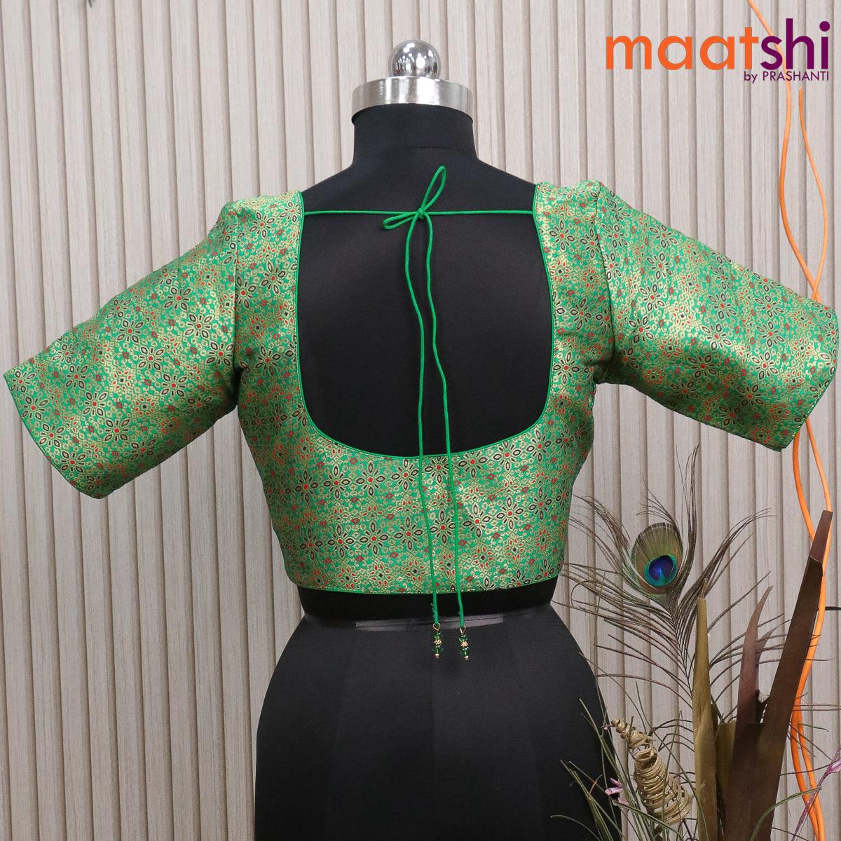 Readymade brocade blouse green with allover floral zari weaves and back knot - Image 2