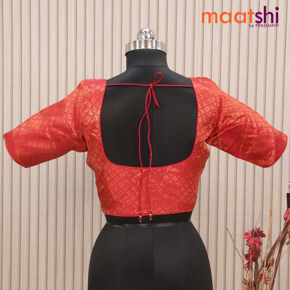 Readymade brocade blouse maroon with allover copper zari weaves and back knot - Image 2