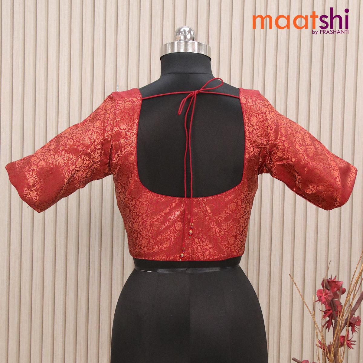 Readymade brocade blouse maroon with allover copper zari weaves and back knot - Image 2