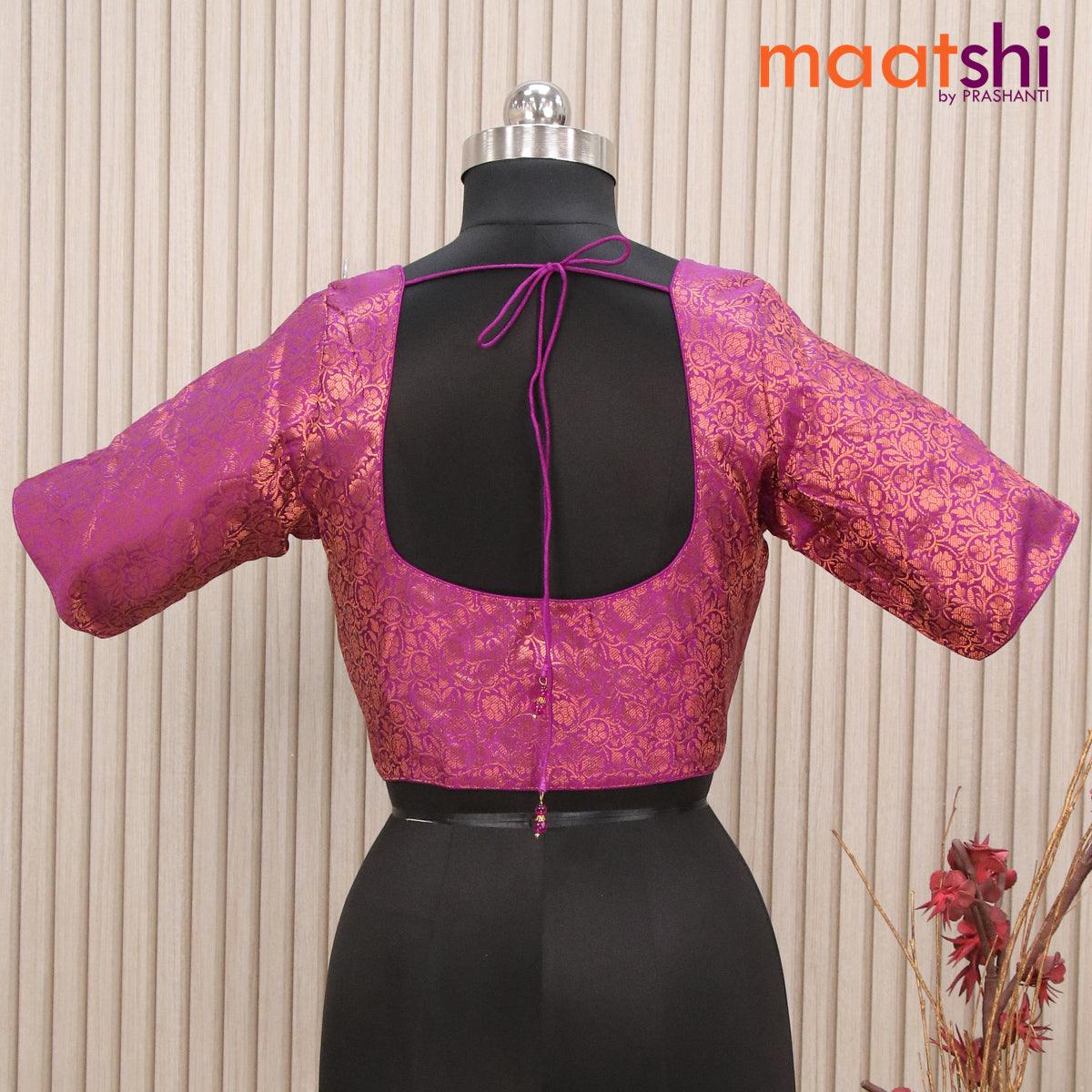 Readymade brocade blouse purple with allover copper zari floral weaves and back knot - Image 2