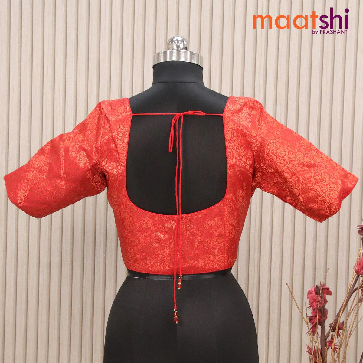 Readymade brocade blouse red with allover copper zari floral weaves and back knot - Image 2