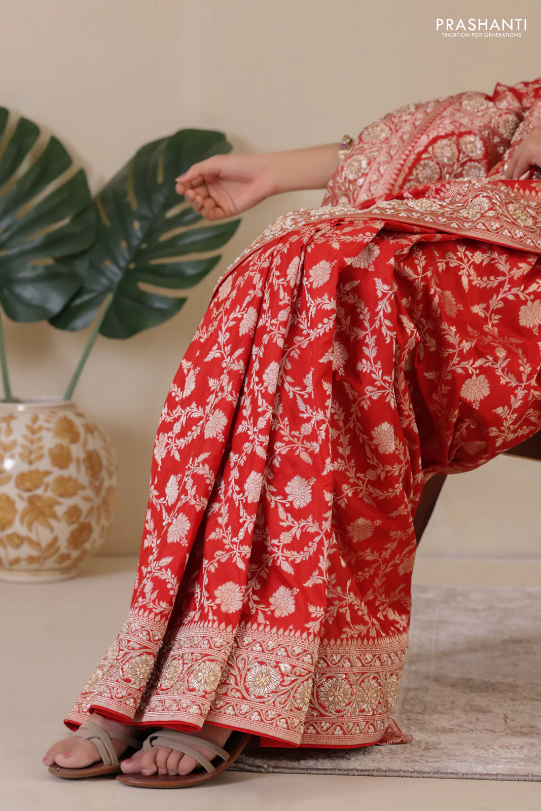 Red Banarasi Uppada silk saree with allover zari weaves & embroidery border - Image 2