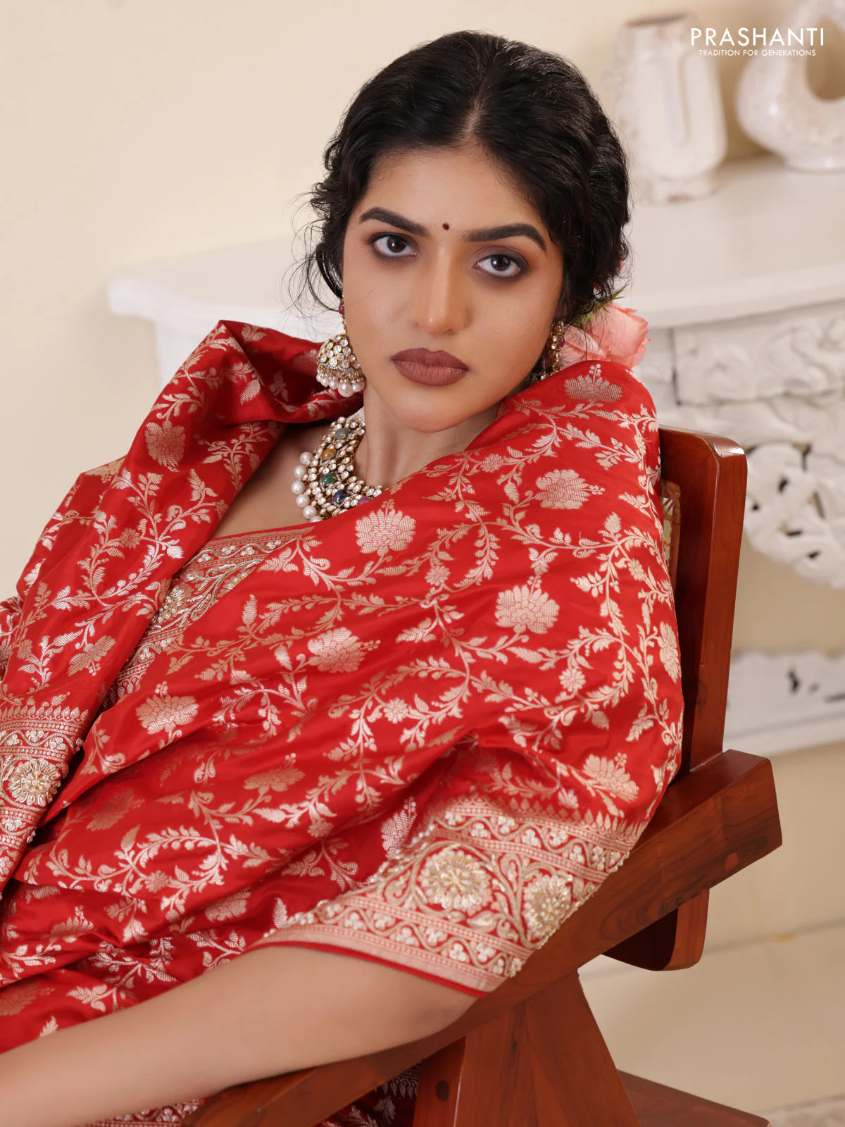 Red Banarasi Uppada silk saree with allover zari weaves & embroidery border - Image 3