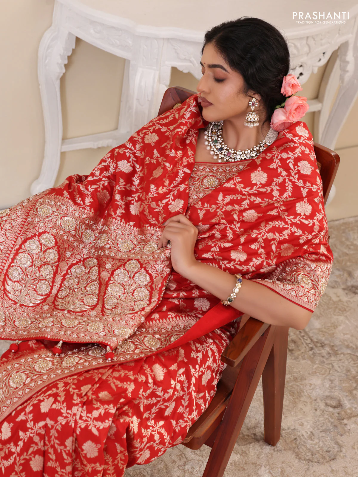 Red Banarasi Uppada silk saree with allover zari weaves & embroidery border - Image 4