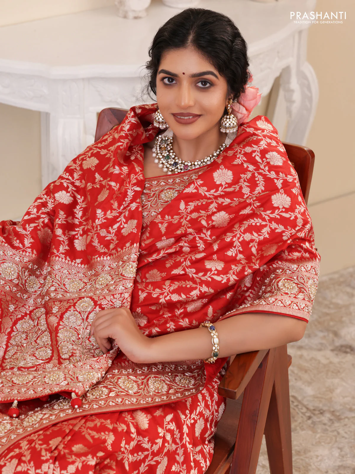 Red Banarasi Uppada silk saree with allover zari weaves & embroidery border - Image 5