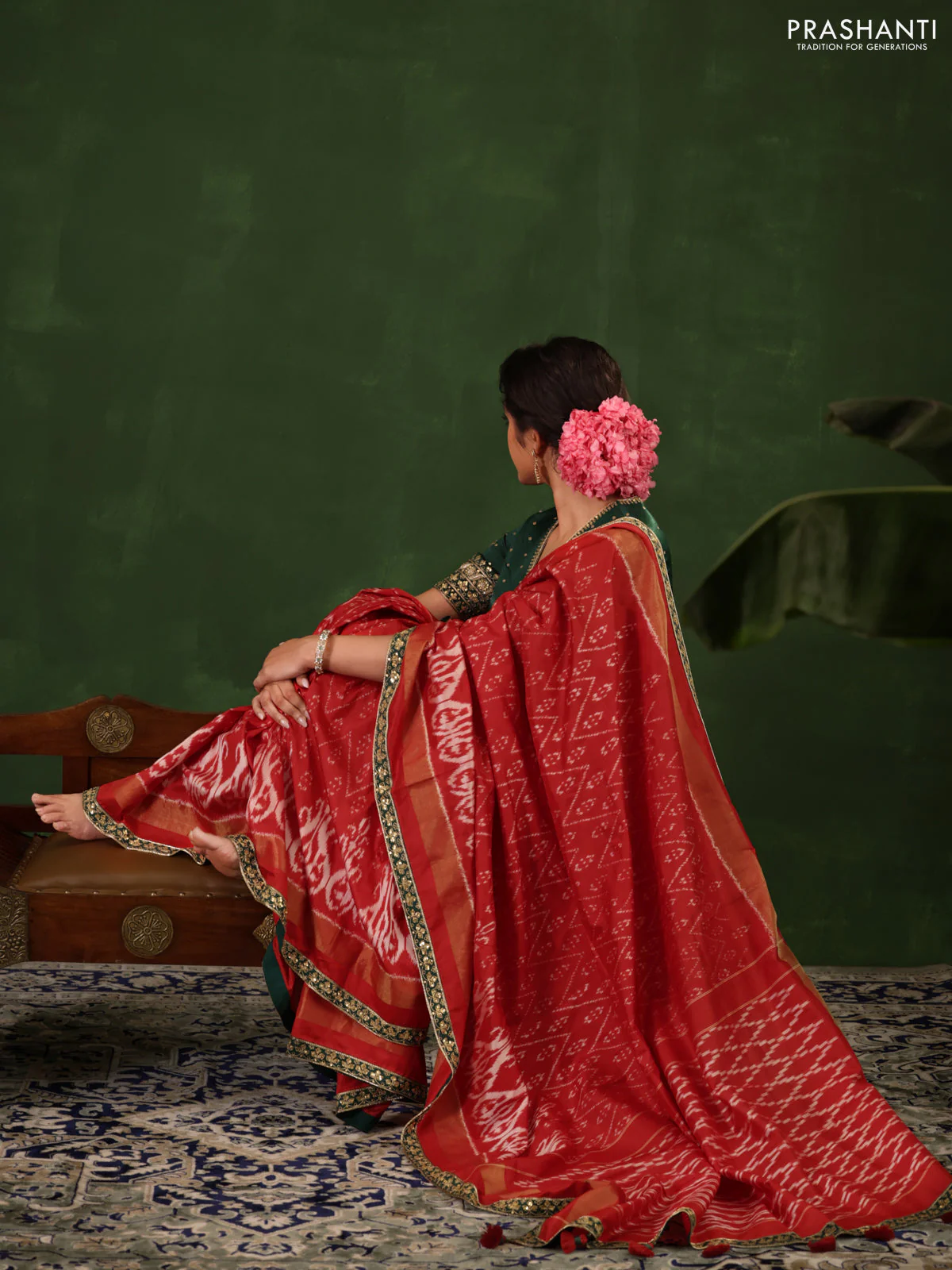 Red & Dark Green Pochampally Silk saree with Border Embroidery & Readymade Blouse - Image 2