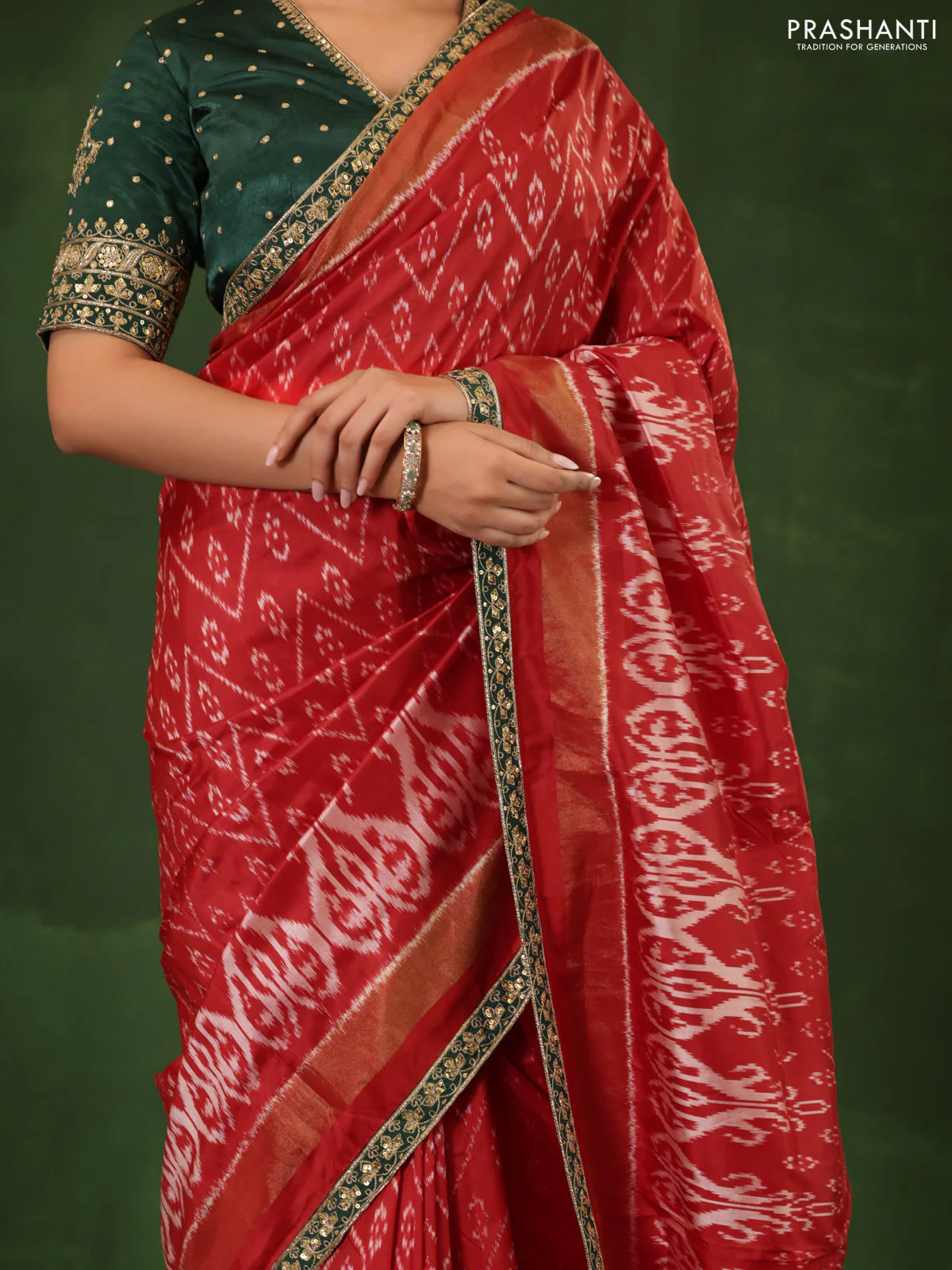 Red & Dark Green Pochampally Silk saree with Border Embroidery & Readymade Blouse - Image 3