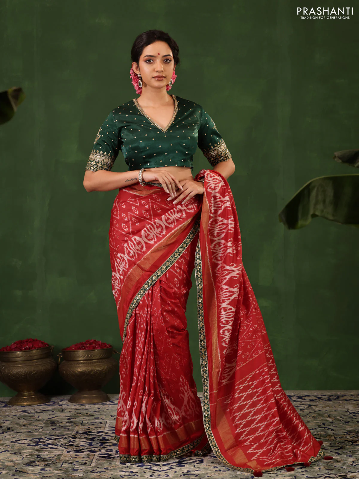 Red & Dark Green Pochampally Silk saree with Border Embroidery & Readymade Blouse - Image 4