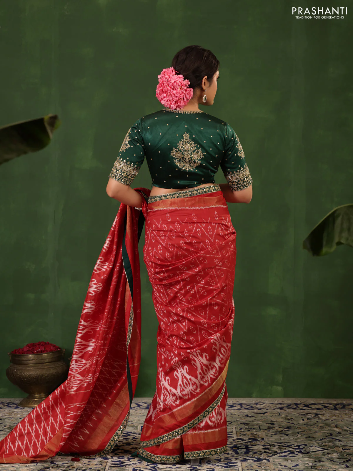 Red & Dark Green Pochampally Silk saree with Border Embroidery & Readymade Blouse - Image 5