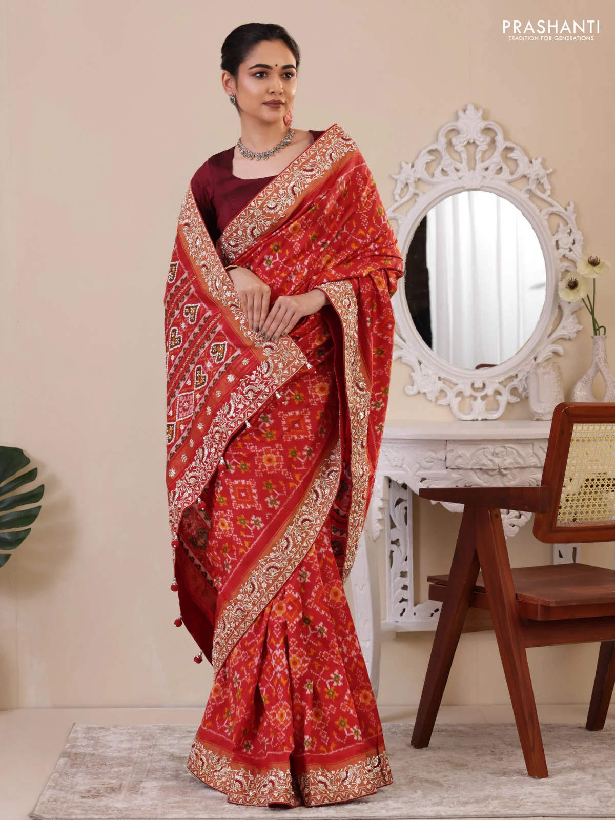 Red Pochampally silk saree with allover ikat weaves and Embroidered border - Image 2