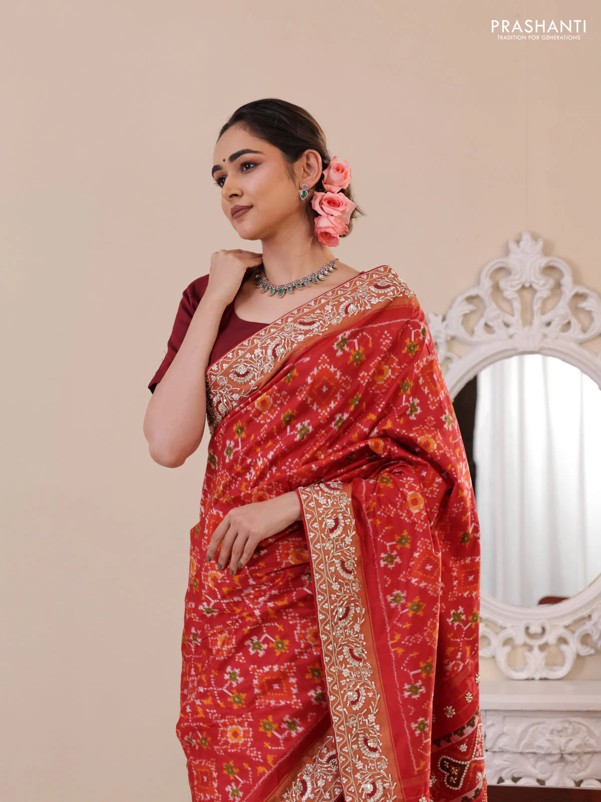 Red Pochampally silk saree with allover ikat weaves and Embroidered border - Image 3