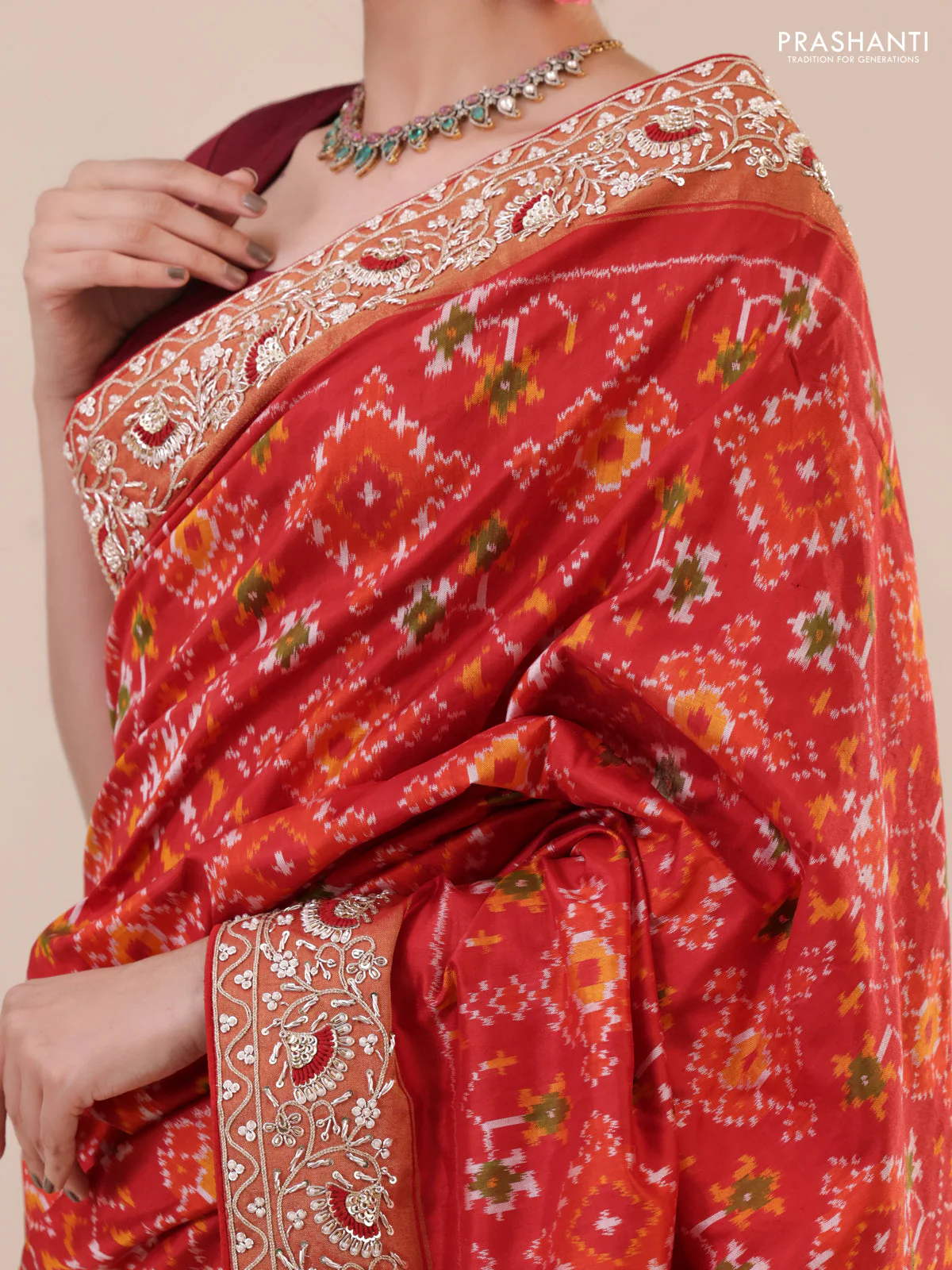 Red Pochampally silk saree with allover ikat weaves and Embroidered border - Image 4