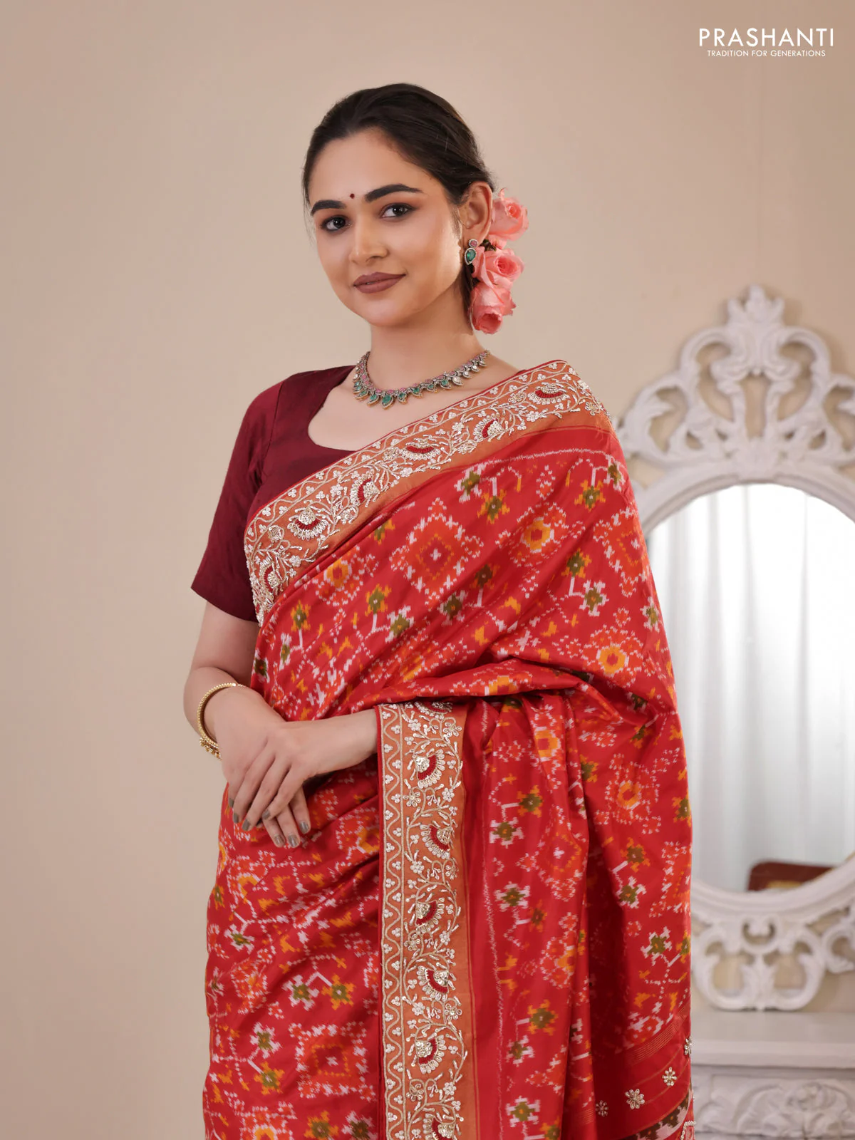 Red Pochampally silk saree with allover ikat weaves and Embroidered border - Image 5