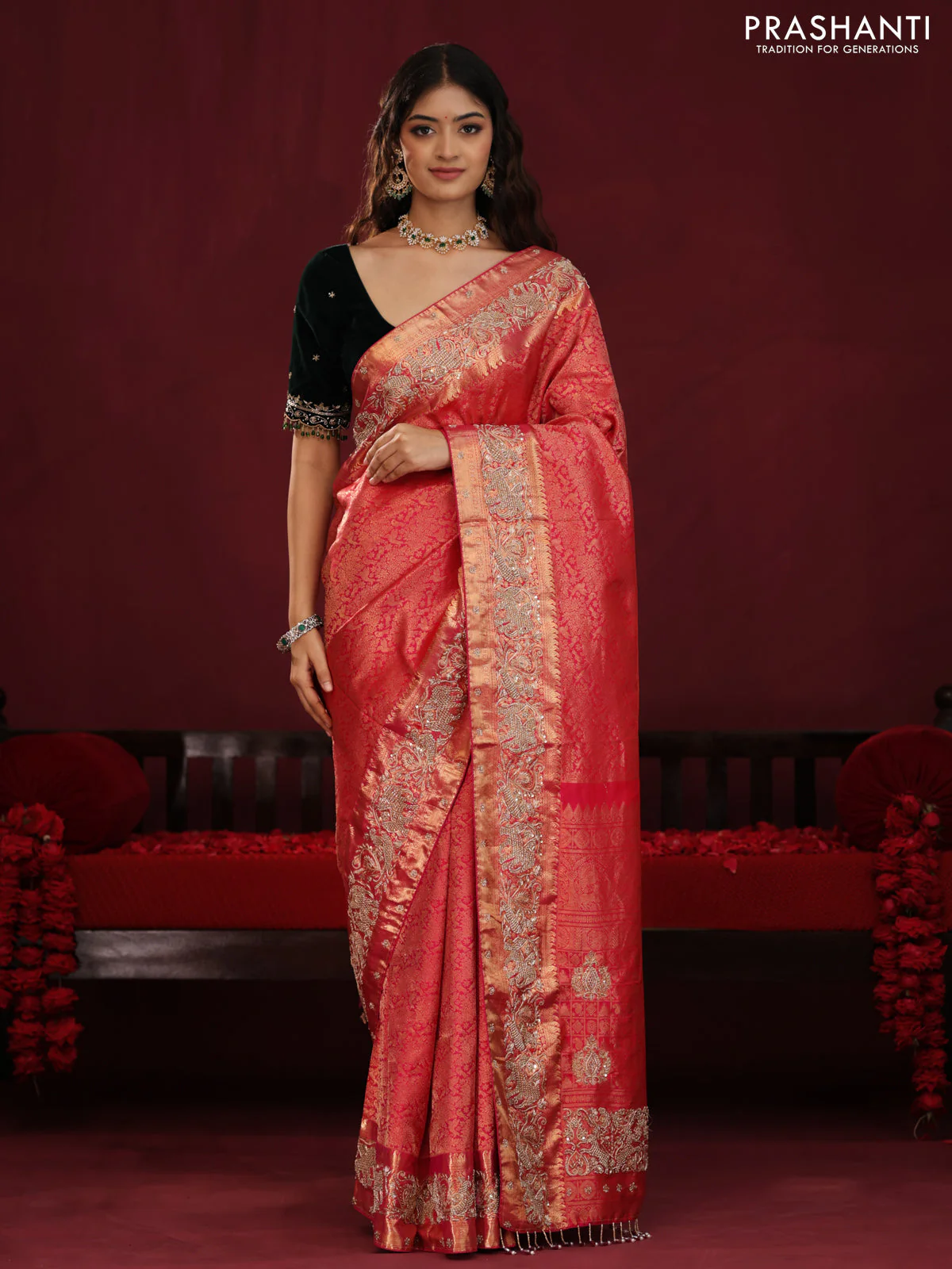 Red pure kanchipuram silk saree with allover brocade zari weaves & border embroidery - Image 2