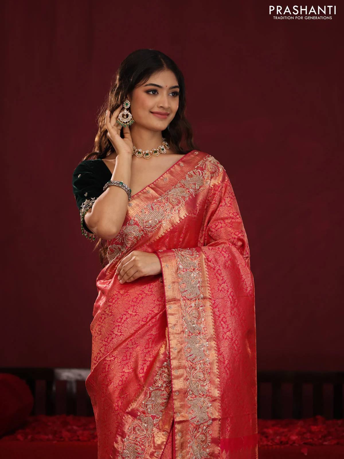 Red pure kanchipuram silk saree with allover brocade zari weaves & border embroidery - Image 3