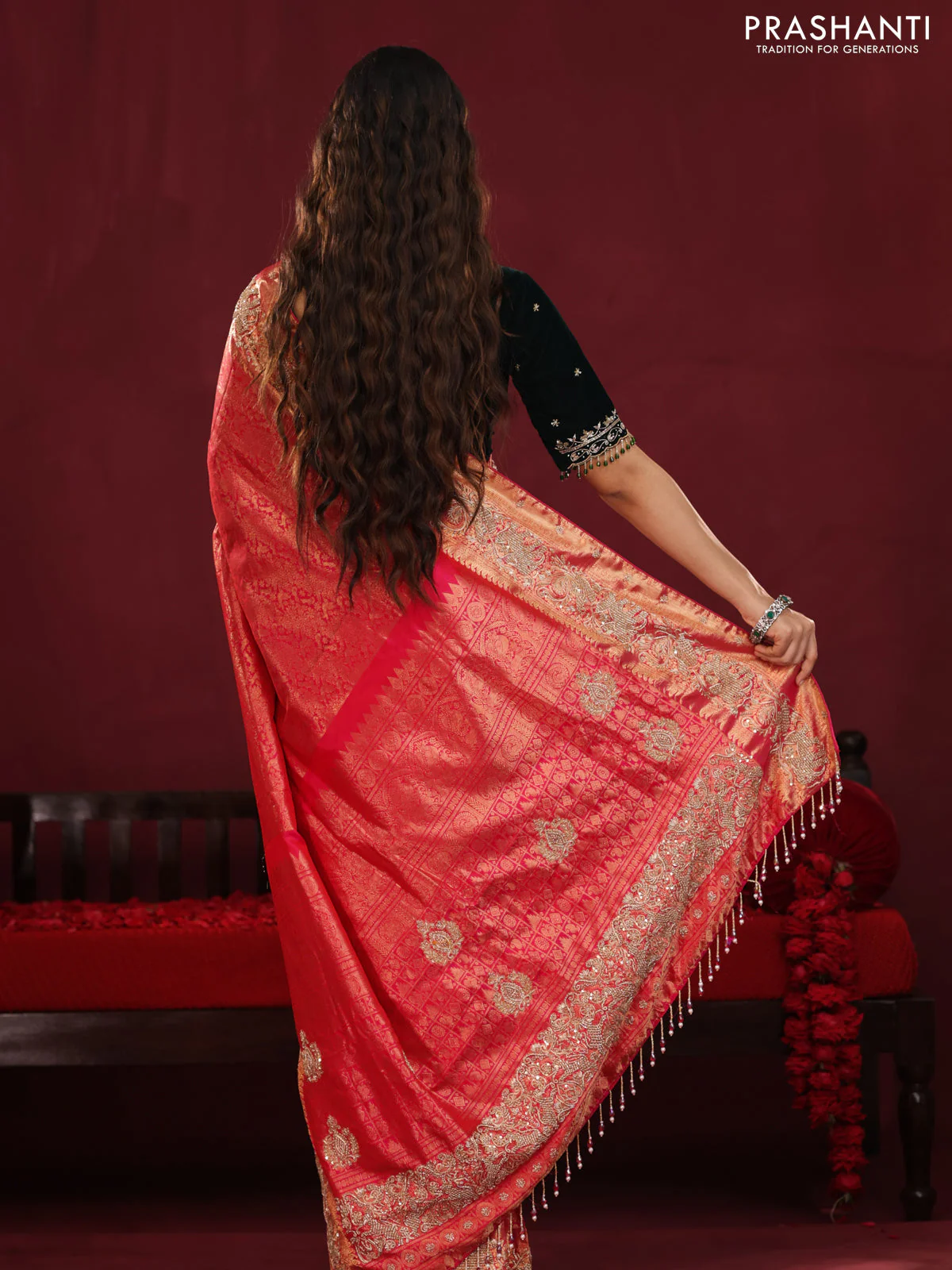 Red pure kanchipuram silk saree with allover brocade zari weaves & border embroidery - Image 4