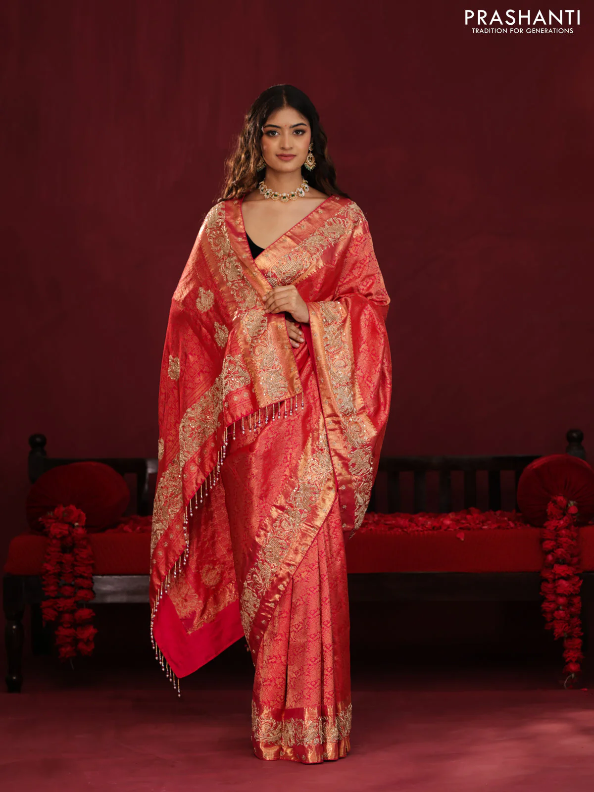 Red pure kanchipuram silk saree with allover brocade zari weaves & border embroidery - Image 5