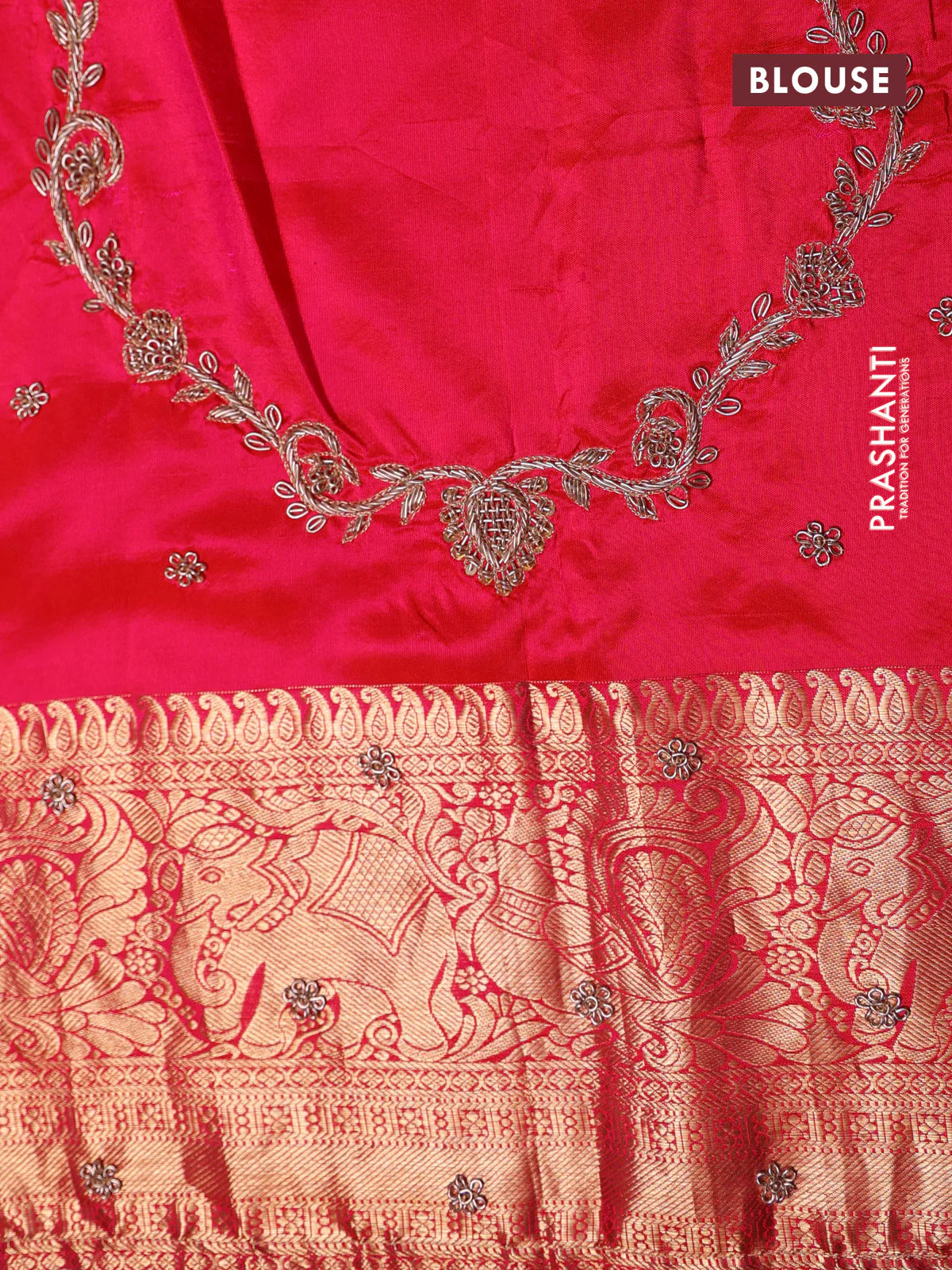 Red pure kanchipuram silk saree with allover brocade zari weaves & border embroidery - Image 6