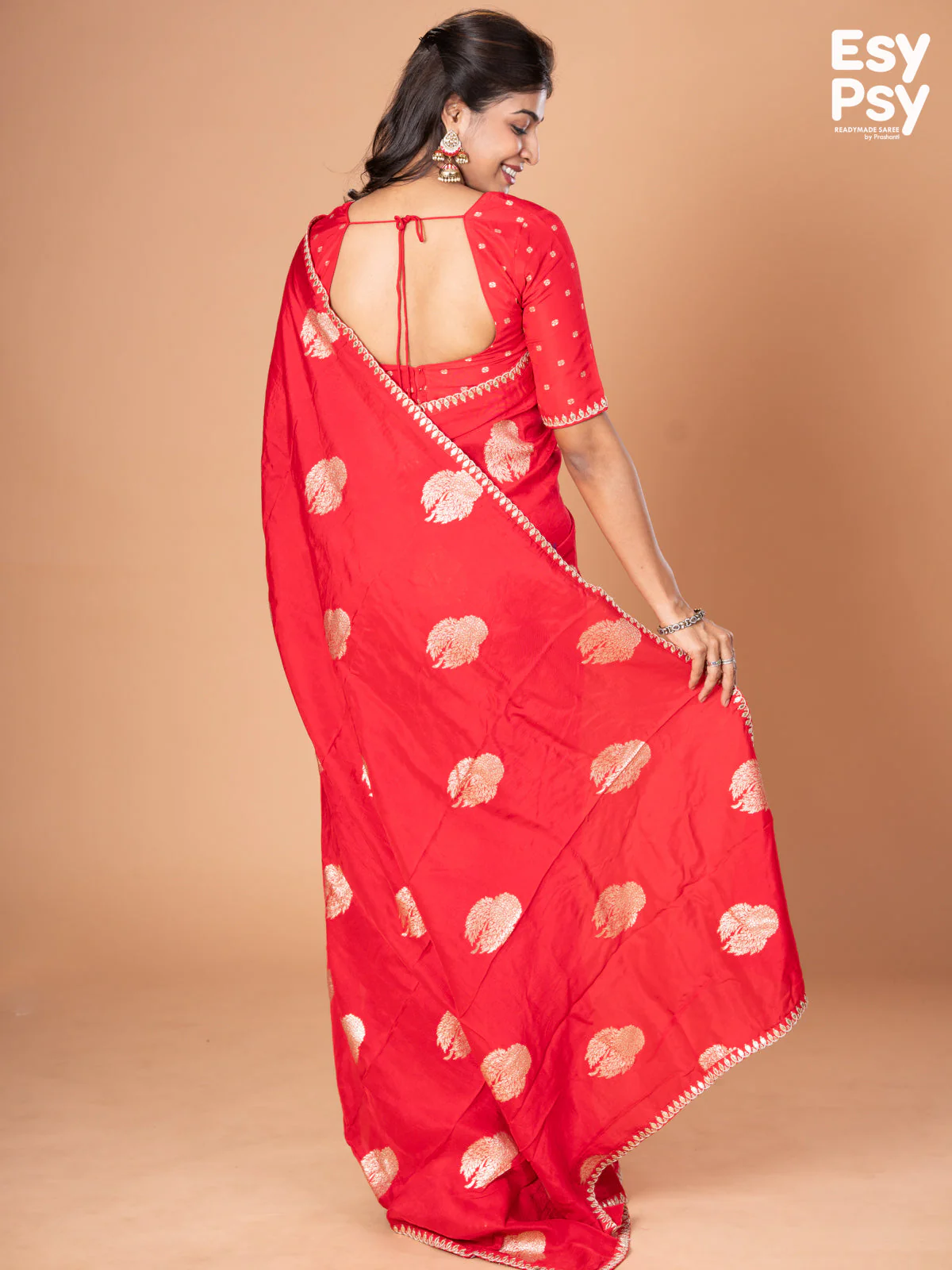 Red Raw Silk readymade saree with zari butta readymade blouse - Image 2