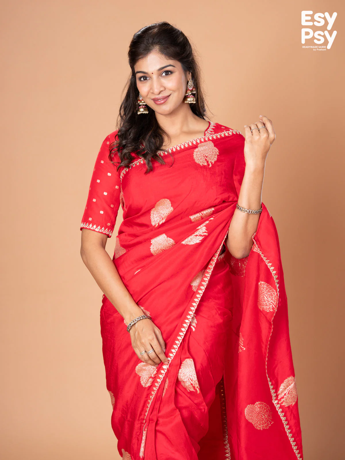 Red Raw Silk readymade saree with zari butta readymade blouse - Image 3